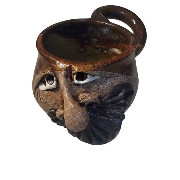 Vintage Ugly Face Stoneware Mug Rustic Earth Pottery Mustache Funny Artsy - Picture 1 of 8